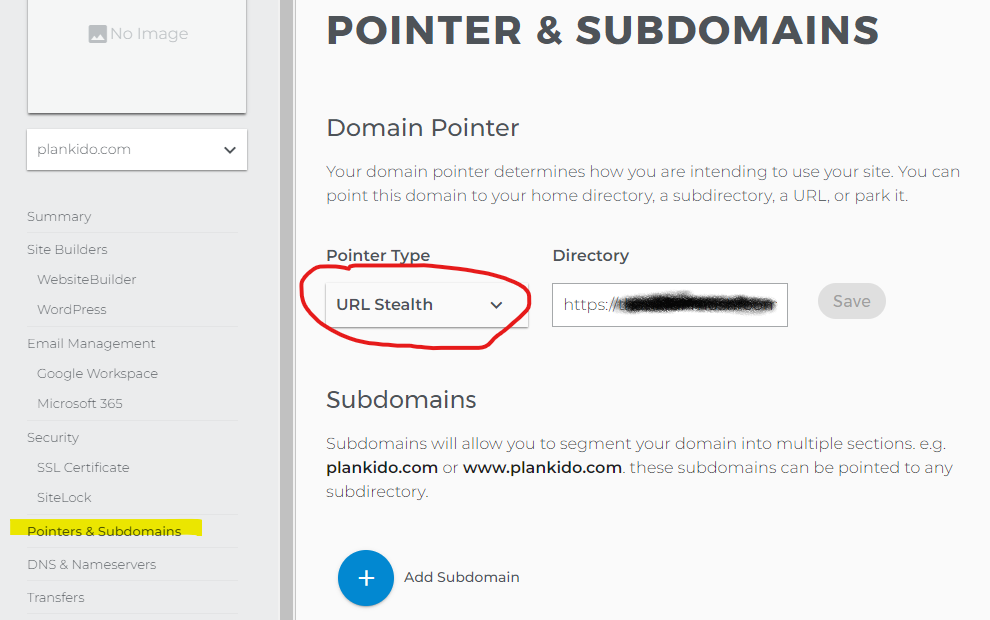 Screenshot of Domain.com Pointers & Subdomains page